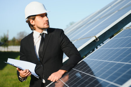 Solar power plant. Man standing near solar panels. Renewable energy.の写真素材