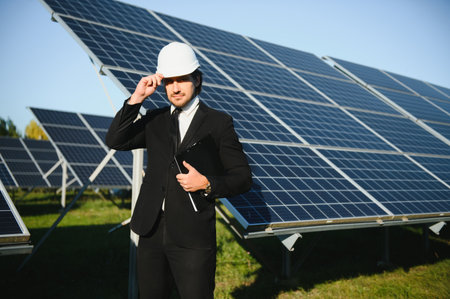 Man in business suit, solar panels on backstage. Client in white helmet standing at solar energy power station.の写真素材