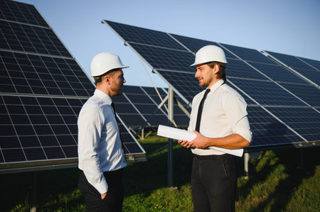 Renewable energy. Two engineers on the background of a solar panel farm.