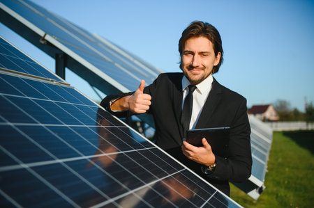 The solar farm, solar panel with engineer check the operation of the system, Alternative energy to conserve the world's energy, Photovoltaic module idea for clean energy production.の写真素材