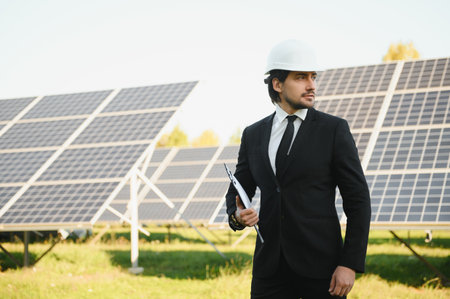 Businessman or engineer standing near solar panels.の写真素材