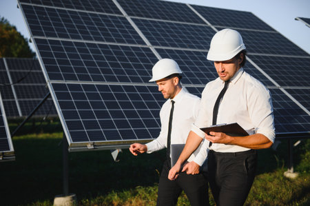 Engineer and worker near solar panels.の写真素材
