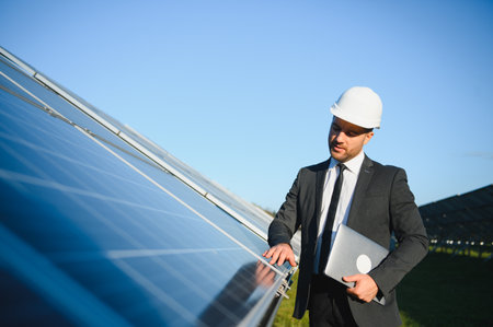 The solar farm, solar panel with engineer check the operation of the system, Alternative energy to...