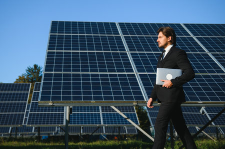 Businessman or engineer standing near solar panels.の写真素材