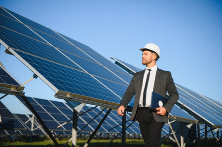 Professional engineer with laptop standing near solar panels for alternative energy in field.の写真素材