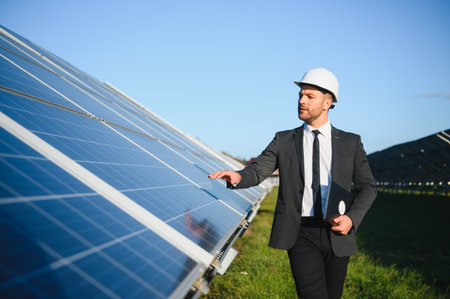 Man in business suit, solar panels on backstage. Client in white helmet standing at solar energy power station.の写真素材