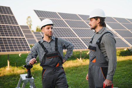 Two skilled workers or craftsmen wearing working gray uniforms, technicians are installing solar panels on a solar farm for clean energy and electricity supply.の写真素材