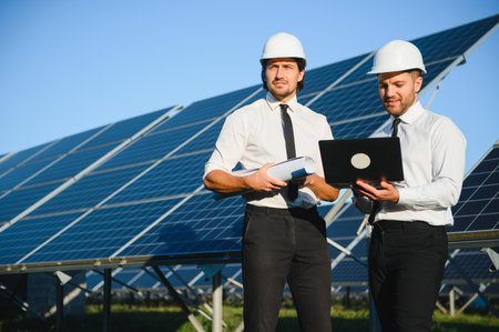 Businessman and worker near solar panels.の写真素材