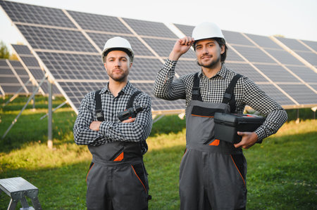 Two skilled workers or craftsmen wearing working gray uniforms, technicians are installing solar...