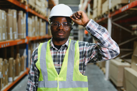 Portrait of a handsome African American warehouse worker in overalls and a helmet.