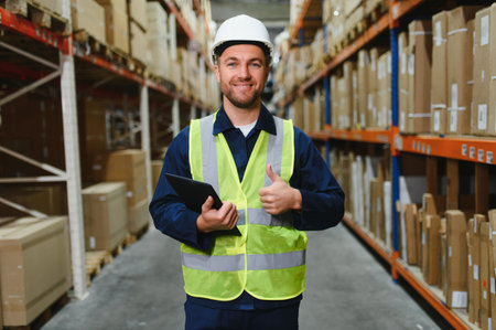Warehouse worker checking his list on clipboard in a large warehouse.
