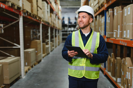 Warehouse worker checking his list on clipboard in a large warehouse.の写真素材
