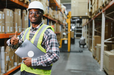 African American Warehouseman checking delivery, stock in warehouse on laptop. Warehouse manager...