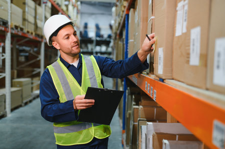 Portrait of warehouseman with clipboard checking delivery, stock in warehouse.