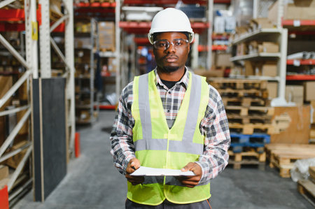 Portrait of African American warehouseman with clipboard checking delivery, stock in warehouse....