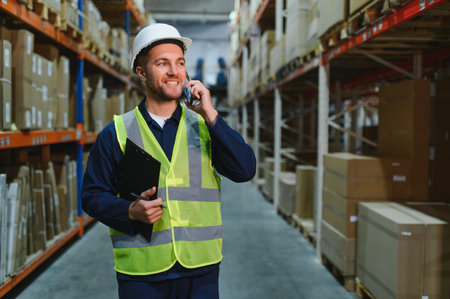 portrait of a smiling young warehouse worker working in a wholesale store.の写真素材