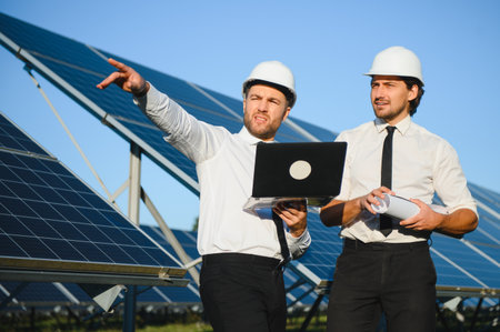 The solar farm, solar panel with two engineers walk to check the operation of the system, Alternative energy to conserve the world's energy, Photovoltaic module idea for clean energy production.の写真素材