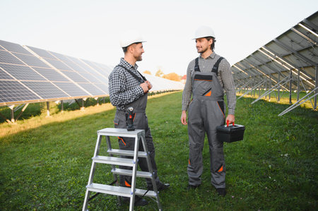 Portrait of two professional workers in uniform and helmets working in a field of solar panels.の写真素材