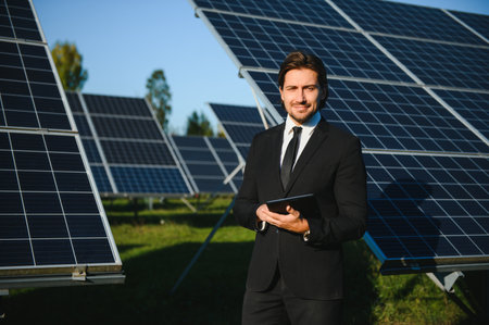 Portrait of a successful businessman or engineer inspecting the operation of solar panels. The concept of green energy.の写真素材