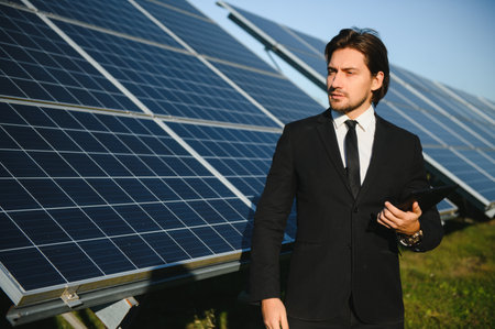 Solar power plant. Man standing near solar panels. Renewable energy.の写真素材