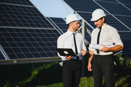 Solar panel farm. Two European engineers inspect solar panels. Workers at a solar panel farm.の写真素材