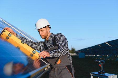 Man worker mounting photovoltaic solar panels. Engineer in helmet installing solar module system....