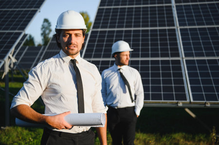 The solar farm, solar panel with two engineers walk to check the operation of the system, Alternative energy to conserve the world's energy, Photovoltaic module idea for clean energy production.の写真素材