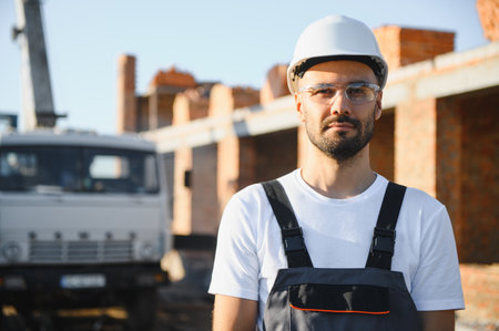 Construction worker in uniform and safety equipment have job on building.の写真素材