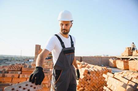 Construction worker man in work clothes and a construction helmet. Portrait of positive male builder in hardhat working at construction site.の写真素材