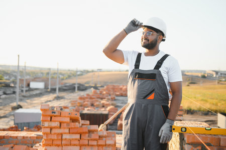 Construction worker man in work clothes and a construction helmet. Portrait of positive male builder in hardhat working at construction site.の写真素材