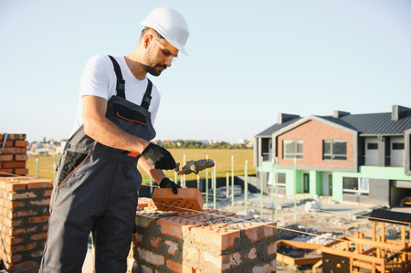 Construction worker man in work clothes and a construction helmet. Portrait of positive male builder in hardhat working at construction site.の写真素材