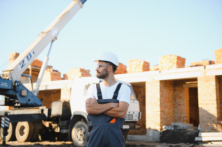 Portrait of a builder in the process of working on a construction site outdoors.