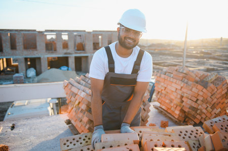 Indian Construction worker in uniform and safety equipment have job on building.の写真素材