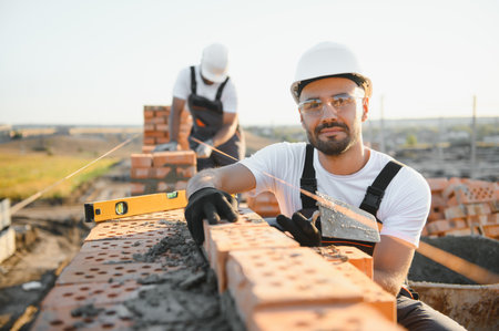 Man bricklayer installing bricks on construction site.の写真素材
