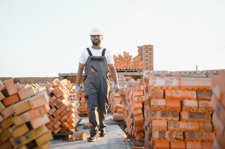 Portrait of an Indian construction worker in overalls and a hard hat at a construction site.の写真素材