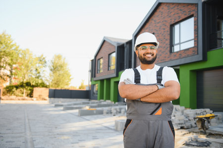 The concept of building family cottages outside the city. A young builder against the background of...