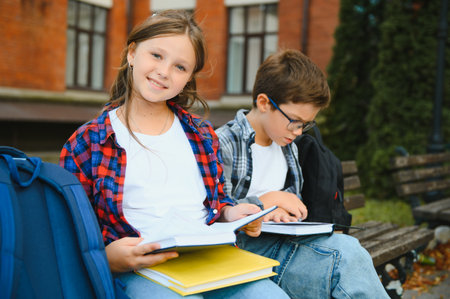 Children read books sitting on bench in school yard. Back to school. Beginning of school lessons.の写真素材