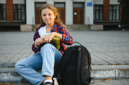 Beautiful schoolgirl with a backpack and books. Back to school.の写真素材