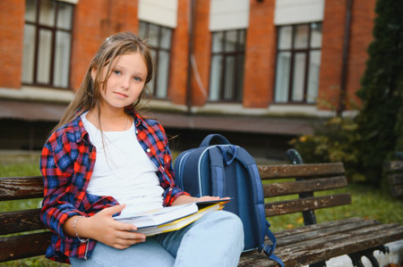 Beautiful schoolgirl with a backpack and books. Back to school.