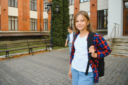 Cheerful girl with backpack near school building outdoor.の写真素材