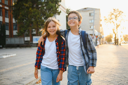 Happy school kids friends boy and girl with backpacks walking and laughing having fun together near school building outside outdoor after lessons.の写真素材