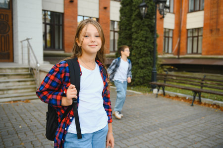 Cheerful girl with backpack near school building outdoor.の写真素材
