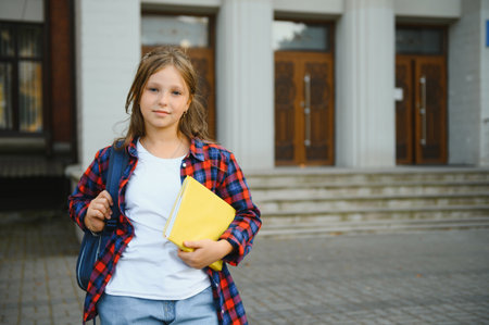 Portrait of a schoolgirl with a backpack on a school background.の写真素材