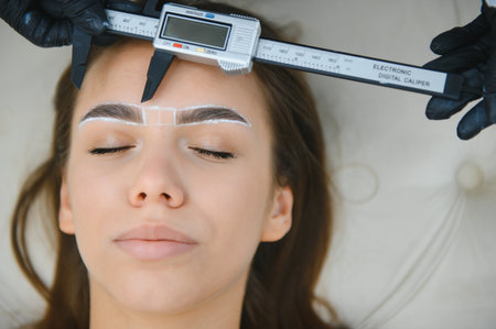 Woman in gloves making measure with calipers for permanent brow makeup for woman with perfect skin. Closeup shotの写真素材