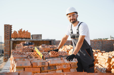 Construction worker man in work clothes and a construction helmet. Portrait of positive male builder in hardhat working at construction site.の写真素材
