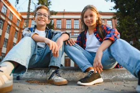 Happy children near the school. Friends boy and girl together in the school yard.の写真素材