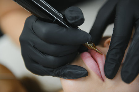 process of applying permanent makeup tattoo of red on lips woman.の写真素材
