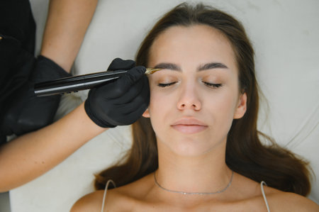 A cosmetologist applies permanent makeup to the eyebrows - eyebrow tattoo. eyebrow perm.の写真素材