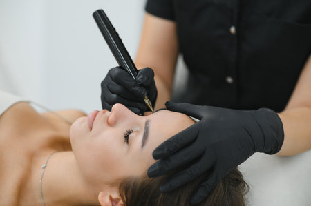 A cosmetologist applies permanent makeup to the eyebrows - eyebrow tattoo. eyebrow perm.の写真素材