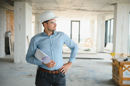 Portrait of an architect builder studying layout plan of the rooms, civil engineer working with documents on construction site, building and home renovation, professional foreman at workの写真素材